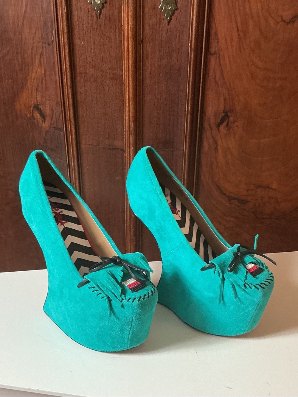 Taylor Says Rory Turquoise Suede Platform Wedges with Native Accent